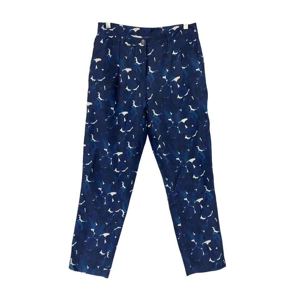 Tommy Hilfiger Silk Crop Pants Womens 6 Blue Dark Floral Pleated Lined 29x29